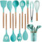 AHASON'S Extra Thick Silicone Layer Cooking Utensils Set 230°C-446°F Heat Resistant, Turner Tong,Spoon,Spatula,Brush,Whisk with Holder Kitchen Gadgets Tools Non-Stick Cookware,BPA Free (Mint Green)