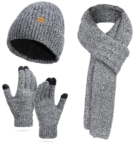 Warmiehomy Mütze, Schal & Handschuh-Sets für Damen Herren Weiche Warme Gestrickt Langer Schal 3 in 1 Winter Touchscreen Handschuhe Set für Skifahren Draußen Einkaufen Angeln Cmping