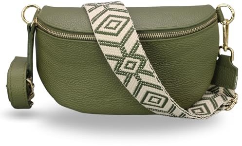 ADEL Bauchtasche Damen Echtleder Emma Gold Handgemachte Umhängetasche Crossbody Bag mit Optionalen Breiten Gemusterten Riemen Stylische Hüfttasche Made in Italy (Khaki-Gold 5, Medium)