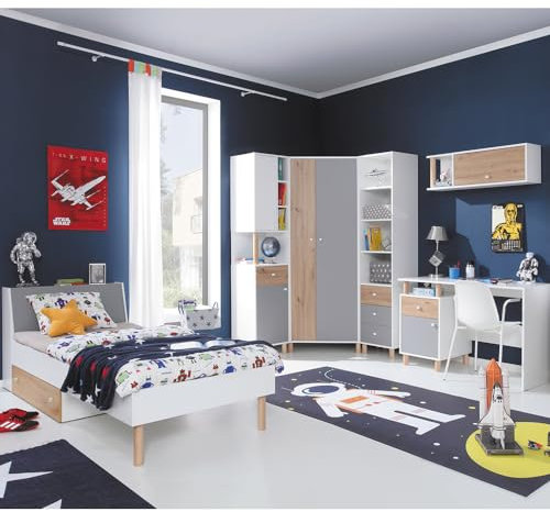 Lomadox Jugendzimmer Set 6-teilig mit 1 Jugendbett 120x200cm, 2 Regalschränke, 1 Eckkleiderschrank, 1 Wandregal, 1 Schreibtisch in weiß mit Eiche und grau