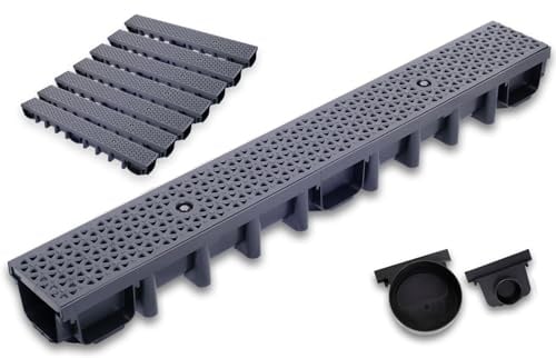 Durabern Entwässerungsrinne Set - 98 mm Ablaufrinne Modern Line für Garten, Hof & Terrasse, PKW-befahrbar, inkl. 2 Ablaufstutzen (DN 110, DN 50) (7 m, Schwarz)