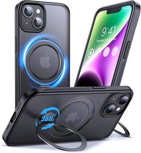 Anqrp 360° All-in-ONE Stand Case for iPhone 14/13 Case with Rotatable Magnetic Kickstand Ring Holder, Compatible with MagSafe, Shockproof Translucent Matte Phone Cover for iPhone 14/13, Black