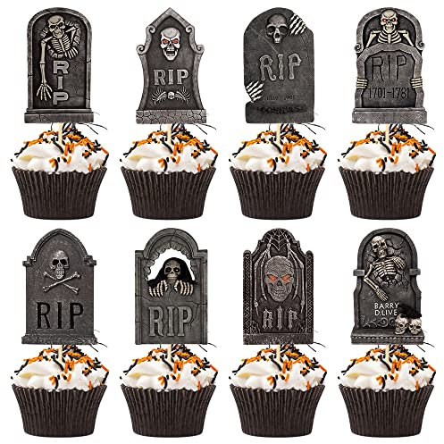 24 Stück Halloween-Grabstein-Cupcake-Topper, schreckliche Grabsteine, Friedhofs-Kuchenspieße, gruselige Cupcake-Dekoration für Halloween-Partyzubehör
