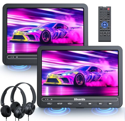 GOnavidio 10.1 Dual Screen Car DVD Players, 5 Hours Battery, Portable DVD Player for Car with 2 Headphones Support USB/TF Card, Region Free, Last Memory (1 x Player+1 x Monitor)