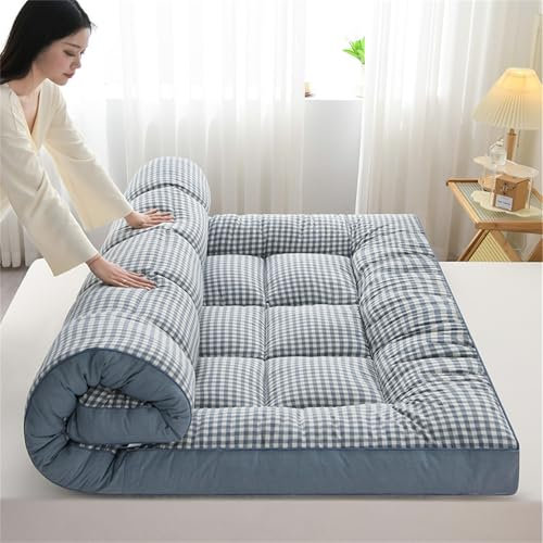 HUMAJORY Japanische Bodenmatratze, Dicke Futonmatratze, Isomatte, Faltbare Rollmatratze, Schlafsaalmatratze, Bodenliege, Kissenbett(Plaid Blue,120x200cm)