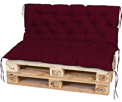 TexDeko® Garden Palettenauflage 120x60cm mit Rückenlehne wasserabweisend UV - beständig Premium Sitzkissen gesteppt für Europaletten Palettenkissen Palettenpolster (Bordeaux)