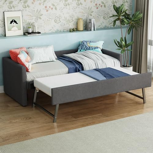 Polsterbett Kinderbett 90x200cm, Ausziehbar Schlafsofa Tagesbett mit Ausziehbett, Gästebett Sofabett Jugendbett Bettgestell mit Lattenrost und klappbaren und hochklappbaren Metallbeinen, Leinen, Grau