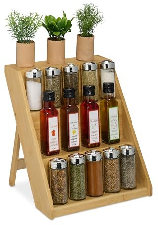 Relaxdays Gewürzregal, Bambus, H x B x T: 29,5 x 30 x 26 cm, 3 Etagen, Gewürztreppe stehend, Gewürzaufbewahrung, natur