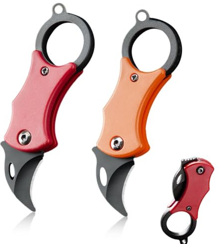 ZYETGH 2 Stück Mini Taschenmesser, Klappmesser Klein Faltbar EDC Messer Schlüsselanhänger Messer mit Kette für Outdoor Survival Camping und Jagd (Orange+Rot)
