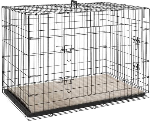 PawHut Cage pour Chien, Cage de Transport pour Chien Pliable, avec 2 Portes, Plateau Amovible, Coussin Doux Lavable, Cadre en Acier, 105 x 70 x 75 cm, Noir