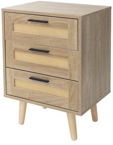 ML-Design Nachttisch mit 3 Schubladen, 45x63x34 cm, Eiche Optik, Nachtschrank mit Rattanfront & Massivholzfüßen, Nachtkommode für Boxspringbett Schlafzimmer, Beistelltisch Couchtisch für Wohnzimmer