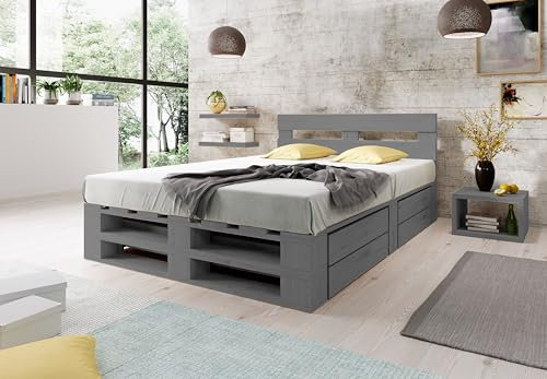 Lermowood Palettenbett M2 aus Holz 140 x 200 cm Grau mit Kopfteil und 2 Bettkästen Holzbett 40cm Stabiles Seniorenbett Kinderbett Jugendbett Gästebett erhöhtes Bettgestell Futon Komforthöhe Naturholz