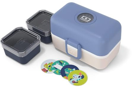monbento - Lunchbox Kinder Tresor blau/cream - Brotdose Kinder mit 3 Fächern - Ideal für Mittagessen oder Snacks in Schule/Picknick - BPA Frei & Sicher - Lunchbox Personalisiert - Blau & Beige