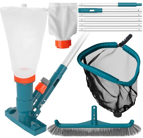 Above Ground Pool Cleaning Kit with Garden Hose Pool Vacuum, Aluminum Frame Leaf Rake Net, Wall Brush and 8Ft Pole for Remove Leaves & Debris