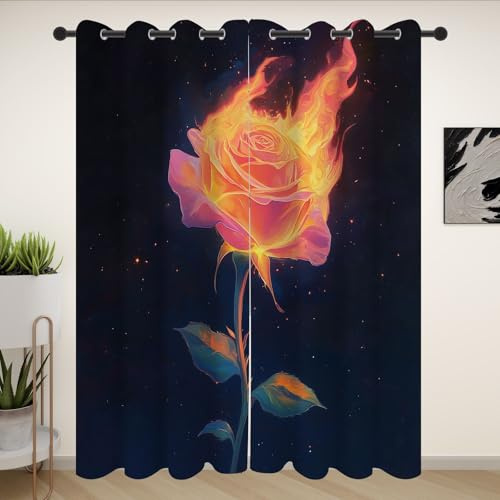 Sobhdga Rote Rose Feuer Vorhang H 240 x B 132 cm, Romantisch Blumenmuster Gardinen, Grüne Blätter Verdunklungsvorhänge mit Ösen 2er Set Kälteschutz Thermovorhang für Wohnzimmer Schlafzimmer