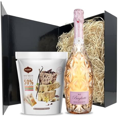 Baglietti No.5 Sparkling Moscato Rosé Wine Gift Set 750ml & Achva Mini Halva Assortment 215g – Premium Sweet Sesame Snack & Elegant Bubbly Pair - Fancy Boxed Wine for Holidays & Special Occasions