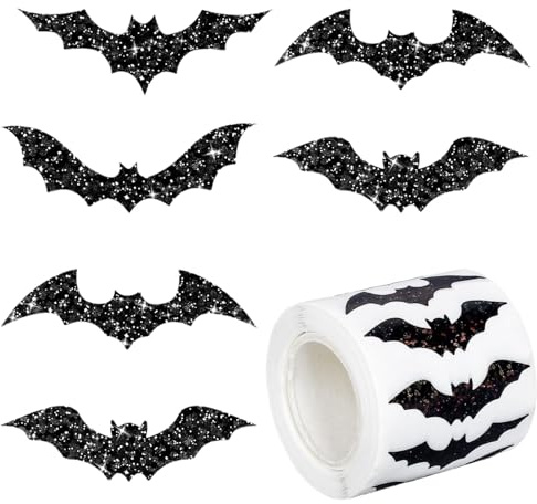 Sticker Halloween, 500 PCS Fledermaus Aufkleber, Sticker Halloween Kinder, Glitzer Dekorative Aufkleber Rolle, für Kinder Partys und Briefumschläge Notizbücher (Fledermaus)