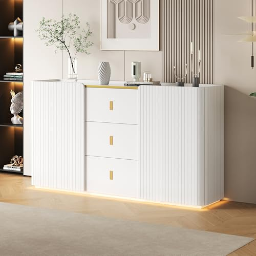 Oslghy Sideboard, Buffetschrank Kommode mit LED Leuchten, Küchenschrank mit 2 Vertikal Gestreifte Türen und 3 Schubladen, Eingangsschrank Vitrine für Schlafzimmer und Wohnzimmer, Weiß, 150×35×80 cm