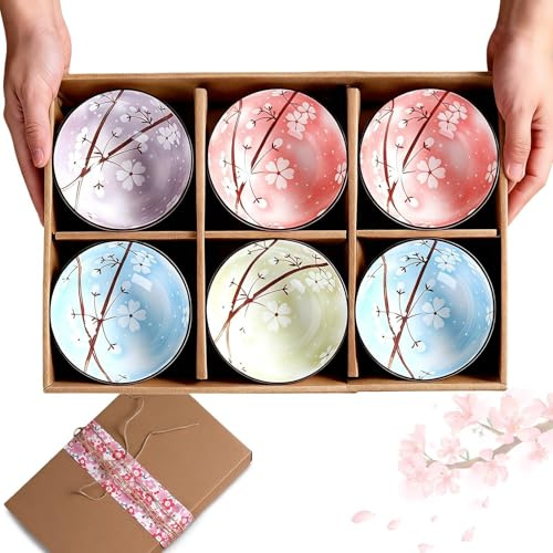 Zykphao Set of 6 Ceramic Bowls, 10oz/300ml Porcelain Dessert & Cereal Bowls with Gift Box, Japanese Style Snack Bowls for Soup, Rice, Ice Cream, (Cherry Blossom)
