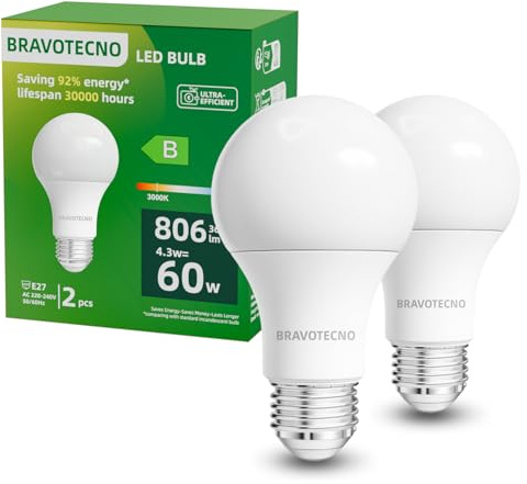 bravotecno E27 LED Glühbirne, Energieklasse B E27 LED Warmweiss, 3000K 4.3W 806LM A60 Warmweiß Leuchtmittel Entspricht 60W, 360° Abstrahlwinkel, Nicht Dimmbar, Wärmearm & Langlebig, 2 Stück