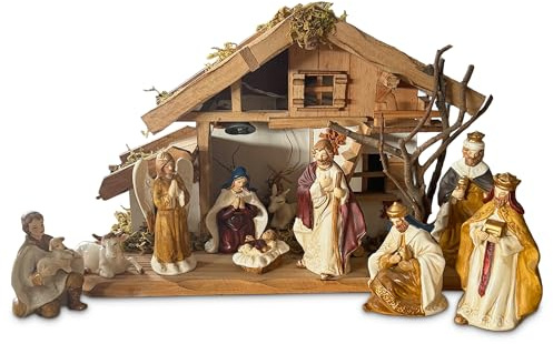 matches21 HOME & HOBBY Große Weihnachtskrippe 39 cm braun mit Porzellan Krippen-Figuren - Holz-Krippen Weihnachtsdeko Komplett-Set