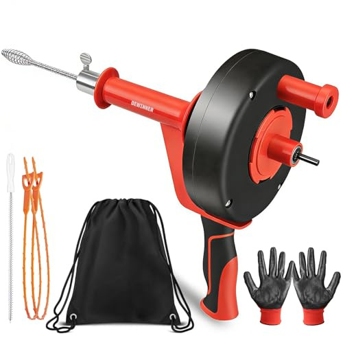 DEWINNER 33FT Drain Snake with Drill Attachment, Drain Unblocker Tool Kit with 2X Drain Hair Remover, 1x Cleaning Brush & Gloves for Sink and Drain Unblocking, Drain Unblocker Tool for Real DYIs!