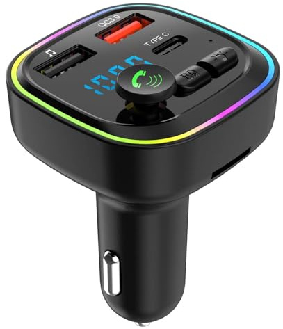 Amztour FM Transmitter Auto Bluetooth 5.0 KFZ Bluetooth Adapter Auto Freisprecheinrichtung Autoladegerät Zigarettenanzünder Type-C et 2 USBA(QC 3.0+PD 30W) LED-Licht Freisprechen Car Musik-Player