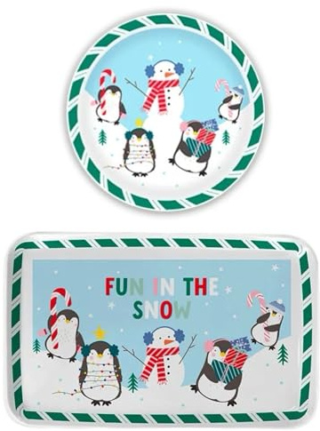 eBoutik - Festive Christmas Eve Plate and Tray Set - Reusable Festive Dinnerware for Children, Holiday Snacks and Sweets Serving, Xmas Dinner Table Decoration (Blue)