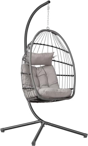 Panana Rattan Garden Egg Swing Chair with Stand, Outdoor Hanging Swinging Chair Hammock Basket Seating with Cushion, Foldable Basket, Adjustable Height, 158kg Capacity for Patio, Balcony, Bedroom