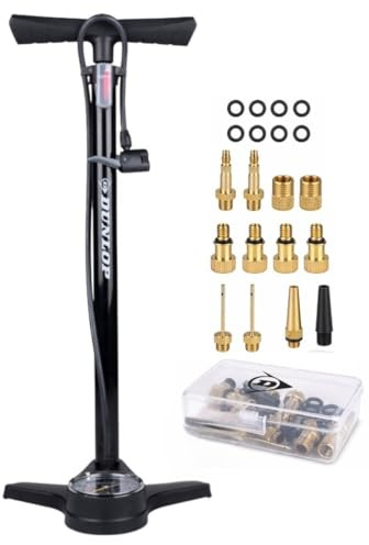 Dunlop Fahrradpumpe mit Manometer und Ventil Adapter Set - Standpumpe 180 PSI - Für Presta Dunlop Schrader Ventil - Adapter für Fahrrad Auto Ball - Inkl. Aufbewahrungsbox