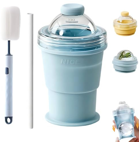 XKrmp Portable Silicone Cup with Straw & Ice Mold - 2-in-1 Collapsible Travel Tumbler & 6cm Large Sphere Maker - Leak-Proof Reusable Drinkware w/Cleaning Brush for Iced Coffee, Camping & Gym (Blue)