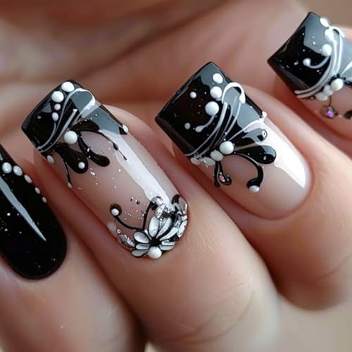 24pcs Short Square False Nails Black Press on Nails White Flower Design Nude Pink Stick on Nail Tips Removable Glue-on Fake Nail Art Accessories for Women