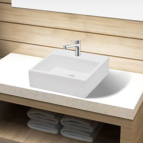 Weißes Keramik Waschbecken Quadratisch mit Hahnloch 3,5 cm, Ablaufloch 4,5 cm, hochglänzende Oberfläche, modernes Design für Badezimmer, Waschraum oder Schminkraum, leicht