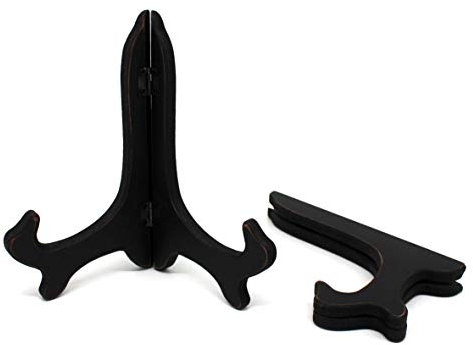 CVHOMEDECO. Vintage Distressed Black Decorative Wooden Plates Rack Wood Easels Holder Folding Display Stand Home Décor Art, 7 Inch, Set of 2.