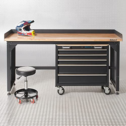 Werkbank PRO, Schwarz mit Bambus Arbeitsplatte - 6 Schubladen + Werkzeugschrank - 200 cm