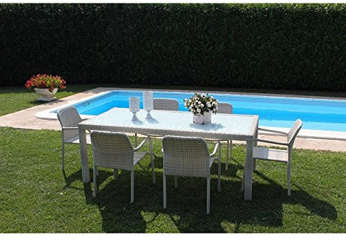 Tisch eckig starr in Wicker grau 150 x 90 Glasplatte Geflecht Polyrattan Gartentisch Garten