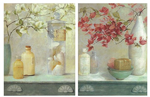 Cuadros para el baño decoración Floral de Madera. Set de 2 Unidades de 19 cm x 25 cm x 4 mm unid. Adhesivo FÁCIL COLGADO. Adorno Decorativo. Decoración Pared hogar