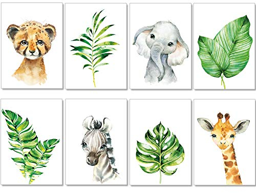 artpin® 8er Set Bilder Kinderzimmer Mint Deko Junge Mädchen - A4 Poster Babyzimmer - Safari Dschungel Wandbilder Afrika Tiere - Porträt Elefant Tiger Giraffe Zebra (P37)
