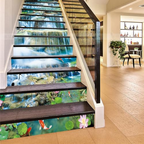 FLFK 13Pcs Stair Risers Stickers Peel and Sick 39.37x7.08,Self-Adhesive Staircase Stickers Decals, Lotus Fish Rocks Mural Wallpaper for Stair Steps