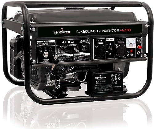 Tecnoware Power Systems Generador Eléctrico Portátil 4200VA, Bajo Ruido, Arranque Eléctrico/Manual, Tanque 15L, AVR, óptimo Jardinería y Construcción, 2 Tomas SCHUKO 16A, 12V DC 8A, Negro