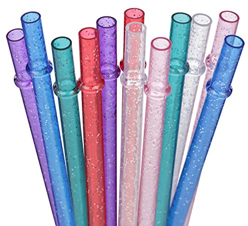 DAKOUFISH 10 Inch Reusable Plastic Glitter Sparkle Drinking Straws,BPA-Free,for 16oz 24oz Tumblers/Jars,12 Straws with One Cleaning Brush(10inch,6Color)