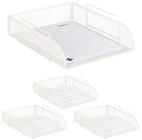4 x stapelbare Dokumentenablage, für DIN A4, Gitter Design, Briefablage fürs Büro, Metall, B x T: 25 x 34 cm, weiß