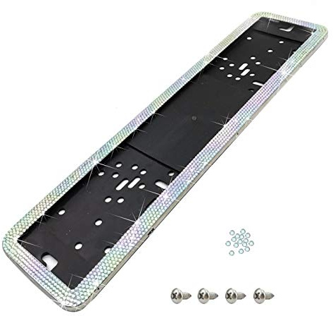 1 X Surrounds License Plate Holder 4 X Screws Holder Frame, For All Cars, Stainless Bling Crystal Rhinestone Plate Holder, Oblong, Detachable Number Plate Holder Anti Theft (AB color)