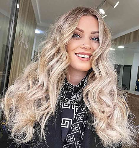 VEBONNY Ombre Honigblonde Lockige Perücke, Ombre Braun Lace Front Perücke Blond, Lockige Beachy Waves Realistisch Aussehende Kunsthaarperücke, 20 Zoll VEBONNY-088