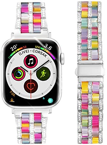 DEALELE Cinturino Compatibile con iWatch 42mm 44mm 45mm 49mm, Bracciale di Ricambio Resina Metallo Diamanti Strass per Apple Watch Series 8/7 / 6/5 / 4/3 / SE/Ultra, Argento - Arcobaleno