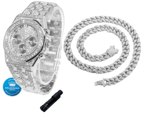 Halukakah Diamanten Gold Uhr für Jungen,Teenager - Platin Platiniert,40mm Achteckiges Zifferblatt mit Römischen Zahlen,Japanisches Quarzwerk - 20cm Länge,mit 40cm Cuban-Kette & Anpassungswerkzeug