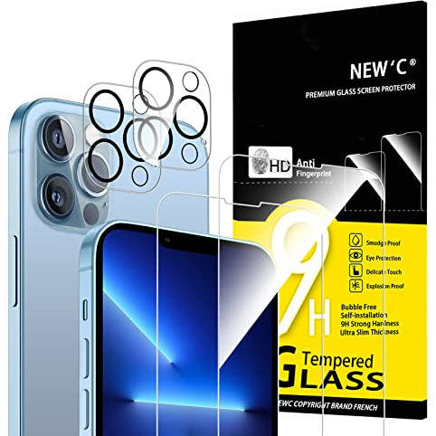 NEW'C 4 Pack, 2 x Protector Pantalla para iPhone 13 Pro Max y 2 x protector Pantalla Protector de Lente de Cámara - Cristal Templado - Anti-Rayaduras - Ultra Resistente - Cristal Dureza 9H
