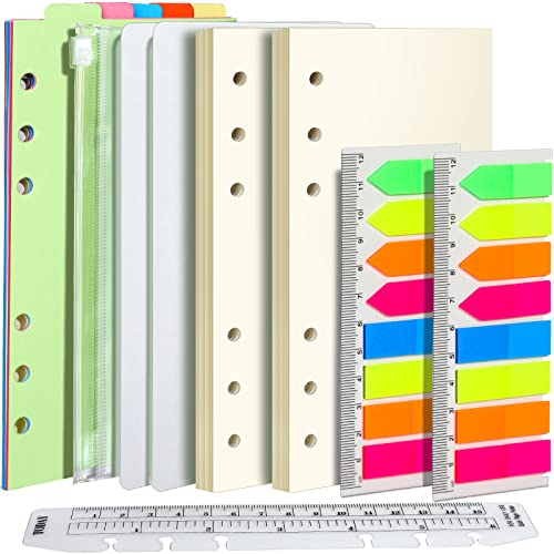 FANDAMEI A6 Papier Blanko Nachfüllpapiere Set, 6 Löcher Personal Nachfüllbare Notizpapier 90 Blätter, 7 Stk. Trennblätter A6, 320 Stk. Haftnotizen, 15 CM Lineal A6, 1 Stk. Umschlägbeutel