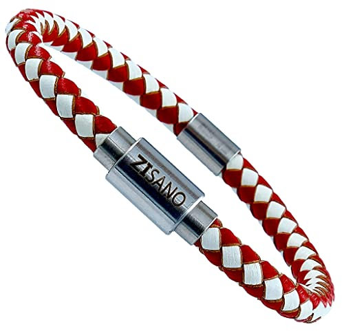 ZISANOPOWER Power & Balance Armbänder - Versch. Farben & Größen - Echtes Lederarmband Herren Damen - patentierter Magnetverschluss - Edelstahl Armband Herren - Schmuck- Geschenke (M, Rot Weiß)
