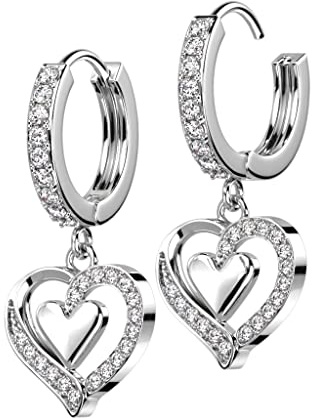 Bungsa Creolen mit Herzanhänger silber mit Zirkonia aus 316L Edelstahl Damen